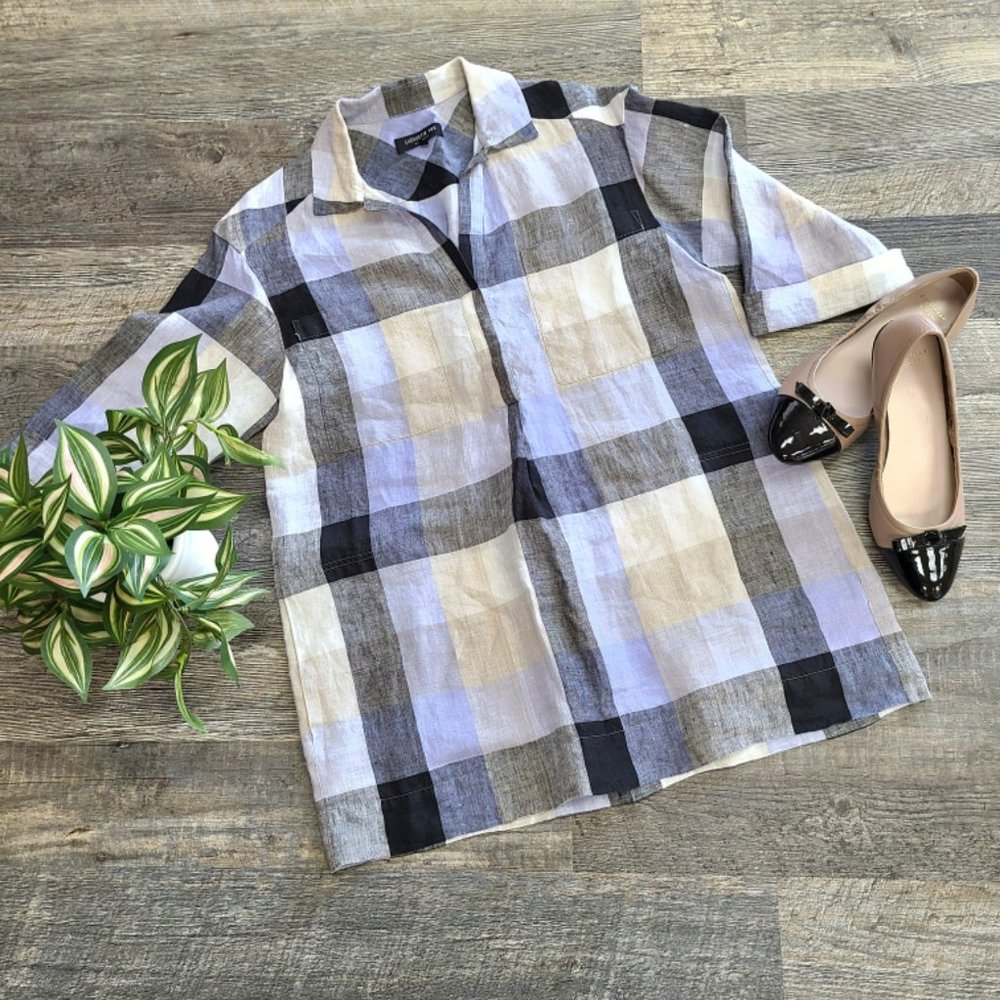 Lafayette 148 Blue Plaid Linen Shirt Tunic in Size S